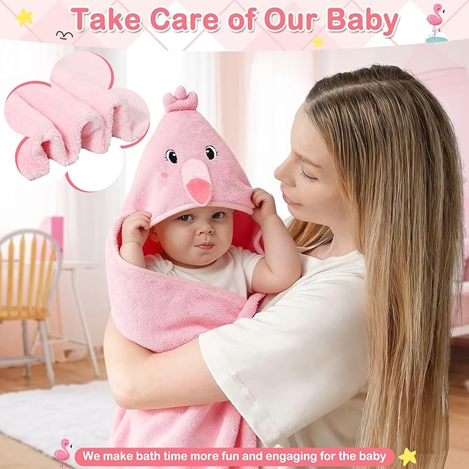 4 Pcs Baby Towels and Washcloths Set, Hooded Baby Towel, Soft and Absorbent Baby Bath Towels, 32x32 in Baby Towel with Hood and 3 Pcs Baby Washcloths for Boys and Girls (Pink Flamingo)