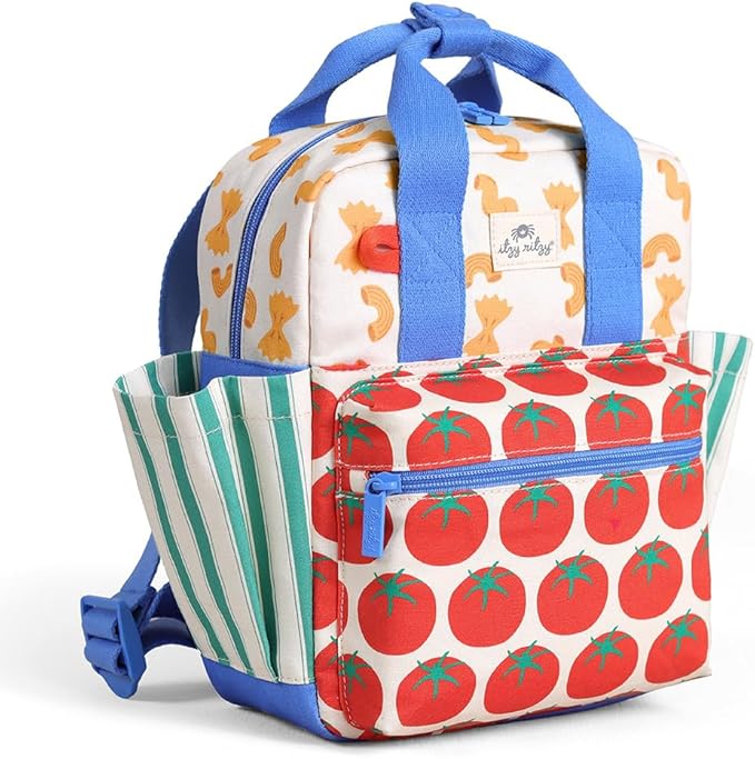 Itzy Ritzy Toddler Backpack - Daycare Bag - Features Adjustable Shoulder Straps, 2 Side Pockets & Spacious Interior with Wipeable Fabric Lining & Name Label, Pasta