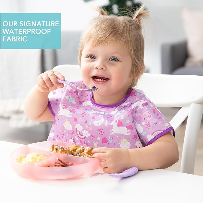 Bumkins Short Sleeve Bib for Girl or Boy, Toddler and Kids for 1-3 Years, Large Size, Essential Must Have for Junior Children, Eating, Mess Saving Soft Fabric Apron for Play, Unicorns Purple