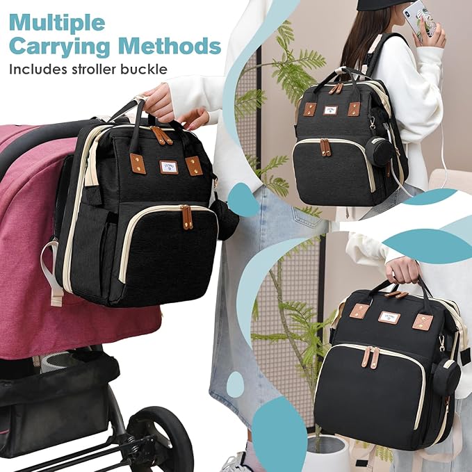 Diaper Bag Backpack, Large Waterproof Lightweight Diaper Bag with Changing Station, Insulated Pockets, USB Port, Travel Bag for Mom and Dad (Black)