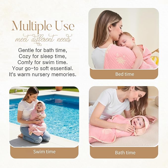 Ultra-Soft Muslin Baby Hooded Towel - 32 x 32 Inches, Ideal for Bath & Beach, Suitable for Both Boys & Girls from Newborns to Toddlers