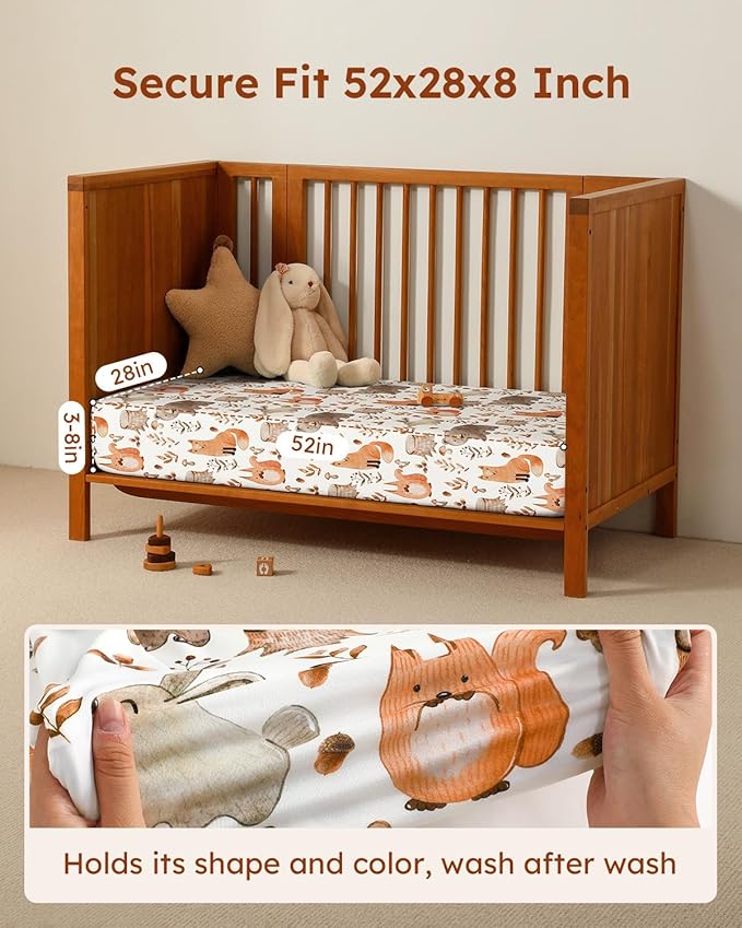 Baby Crib Sheets for Boys Girls, 28x52x8in Fitted Crib Sheet Neutral 3 Pack for Standard Crib and Toddler Mattress, Breathable Soft Microfiber Baby Sheet Green & Brown Fox