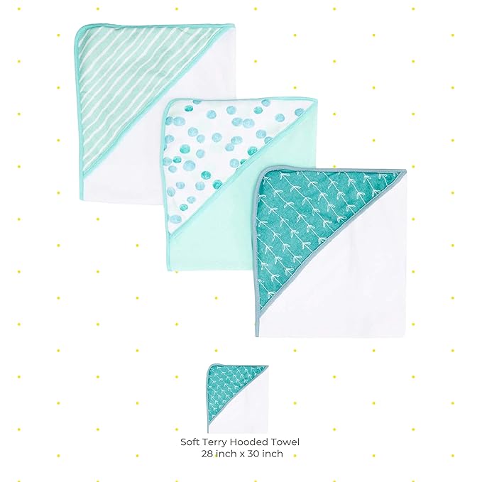 Spasilk Hooded Towel Set for Newborn Boys and Girls, Soft Terry Towel Set, Pack of 3, Green Dots