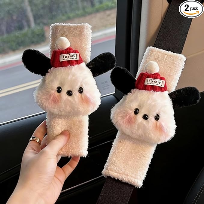 2 PCS Seat Belt Cover Pad, Cute Kawaii Animal Dog Seatbelt Covers for Kids and Adults, Winter Plush Fluffy Soft Seat Belt Cover, Cartoon Seatbelt Cushion,Car Seat Strap Pads (G-Dog)