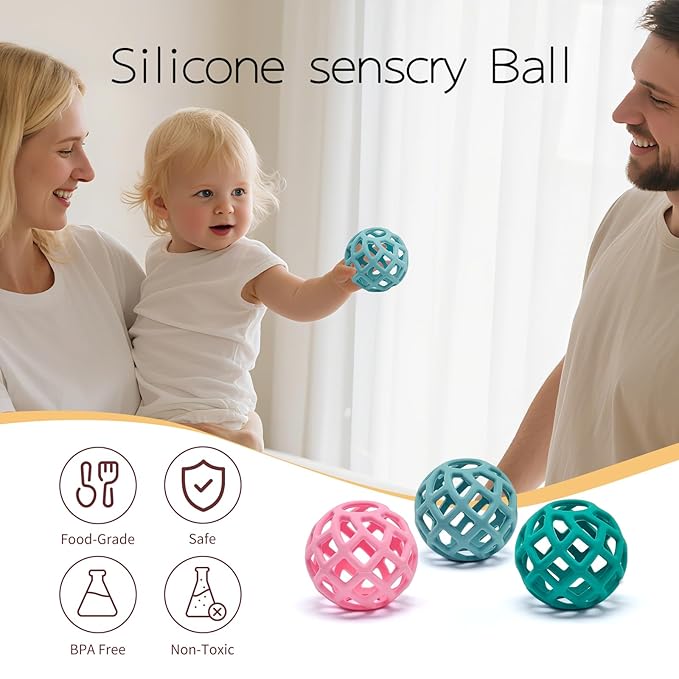 Baby Teething Toys, Silicone Babys Chew Toys for Soothing Babies Gums, Sensory Hollow Ball Teether for Babies 3+ Months,Baby Teether Toys,Baby Gifts for Girl & Boy (Light Blue)