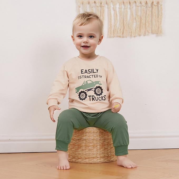 WZTYYDS Toddler Baby Boy Fall Clothes Letter Truck Long Sleeve Pullover Sweatshirt Tops Joggers Pants Set Winter Outfits