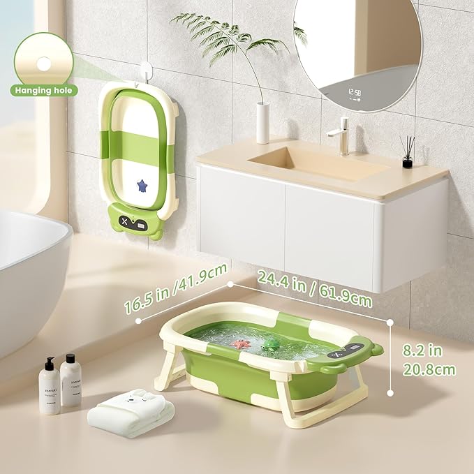 Collapsible Baby Bathtub for Newborn to Toddler (0-18 Months) - Foldable Baby Bath Tub with Soft Towel, Newborn& Infant Bathtub for Travel and Outdoor, Green