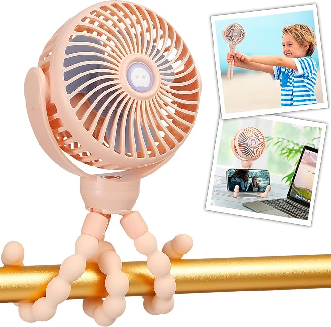 snawowo Mini Portable Baby Stroller Fan, Battery Operated Clip on Fan, Rechargeable 360° Rotate Flexible Tripod Handheld Cooling for Car Seat Crib Treadmill Travel（Pink）