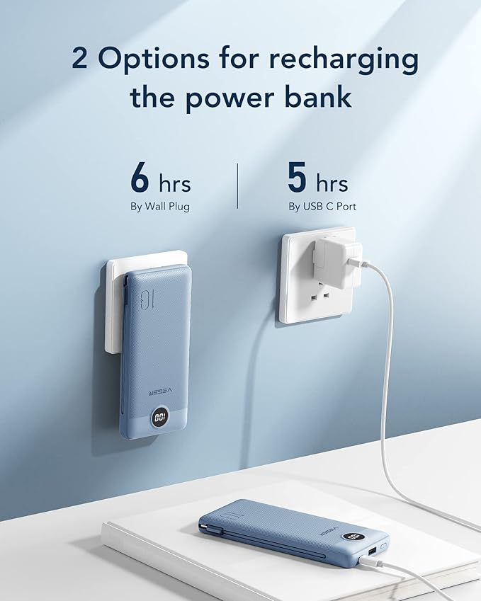 VEGER Portable Charger with Built-in AC Plug and Cables, All in One 10000mAh Ultra Slim Power Bank Travel Essentials, 15W Fast Charging Battery Pack Compatible with iPhone, Samsung, Android (Blue)