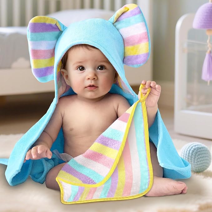 Luxury Light Blue Baby Hooded Bath Towel-100% Cotton,500GSM,33x31.5 Inches,0-2Years,Super Absorbent Large Towel with Cute Elephant Ears Hood for Newborn,Infant Shower Gift,Baby Essentials,Light Blue