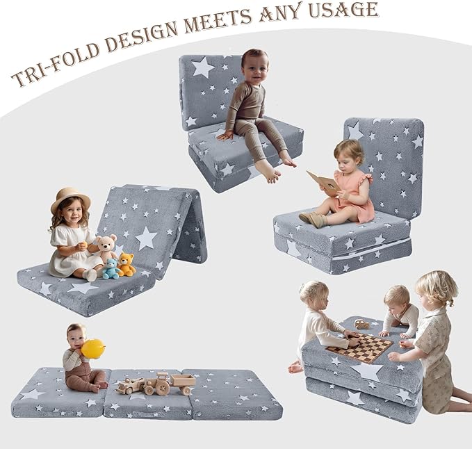 MeMoreCool Foldable Floor Mattress for Kids, Glow Star Trifold Mat, Kids Folding Mattress Portable Futon, 75x25 Inch Grey