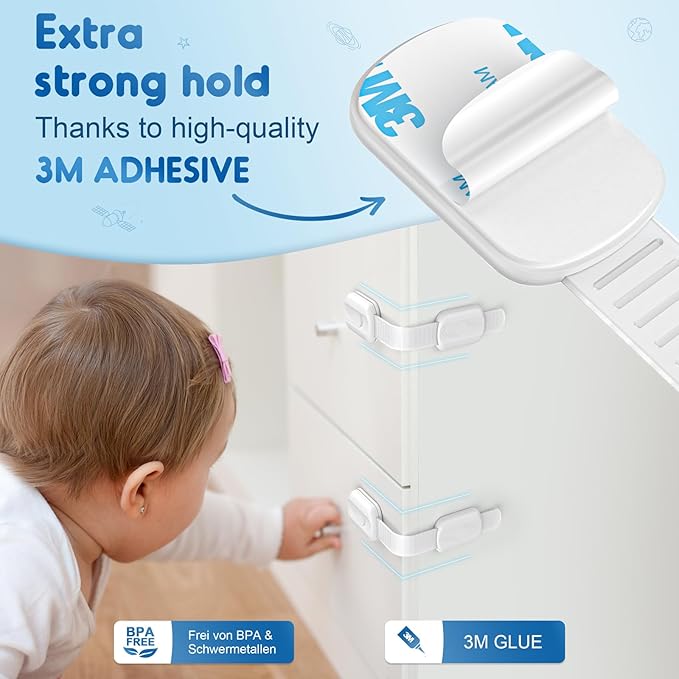 8 Pack Cabinet Locks Baby Proofing, Child Proof Cabinet Locks with Strong Adhesive Child Safety Locks for Doors No Drilling, Cabinet Locks for Babies- White