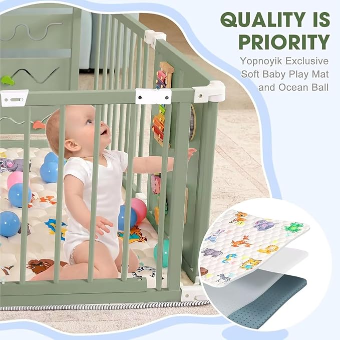 Foldable Wooden Baby Playpen with Soft Play Mat, Adjustable Playpen for Babies and Toddlers with 36 Colorful Balls, Portable Baby Fence Play Area Activity Center with Gate for Toddlers(56x56x23inches)