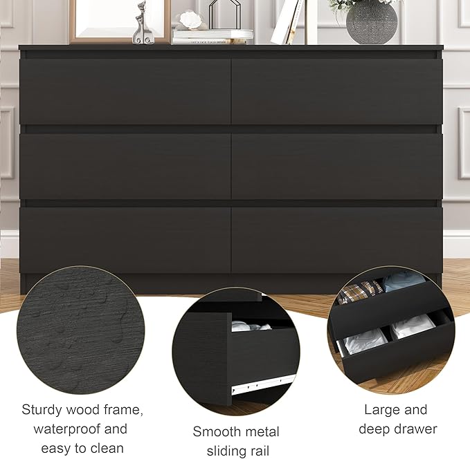 Black Dresser for Bedroom, Modern 6 Drawer Dresser with Deep Drawer,Wide Chest of Drawers, Bedroom Storage Organizer Furniture,TV Stand for Living Room