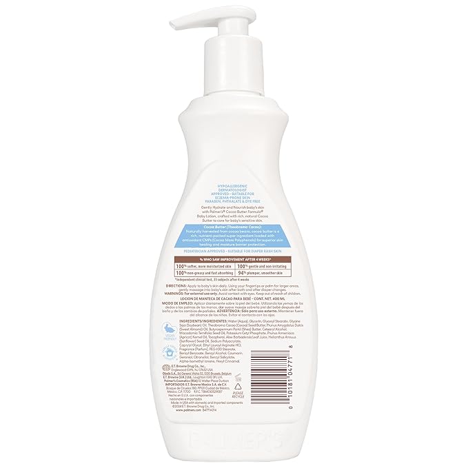 Palmer's Baby Lotion, Cocoa Butter Formula Body Lotion, 13.5 Fl Oz, Gentle Baby Moisturizer for Delicate Skin with Vitamin E & Aloe, Hypoallergenic, 48Hr Moisture, Dermatologist Tested Baby Essentials