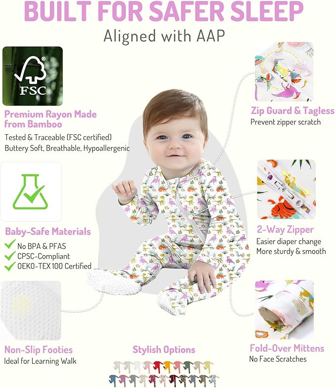 HAPIU Rayon from Bamboo Baby Footed Pajamas, 2 Way Premium Zipper, Footie for Baby Boy Girls, Newborn-24 Months