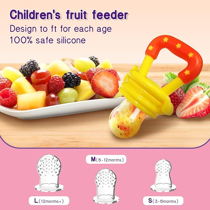 Baby Fruit Feeder with Ice Tray, BPA-Free Silicone Teether & Infant Feeding Set for 3-24 Months, Leak-Proof, Ergonomic Handle – Perfect for Puree, Yogurt & Frozen Snacks（Pink Yellow）