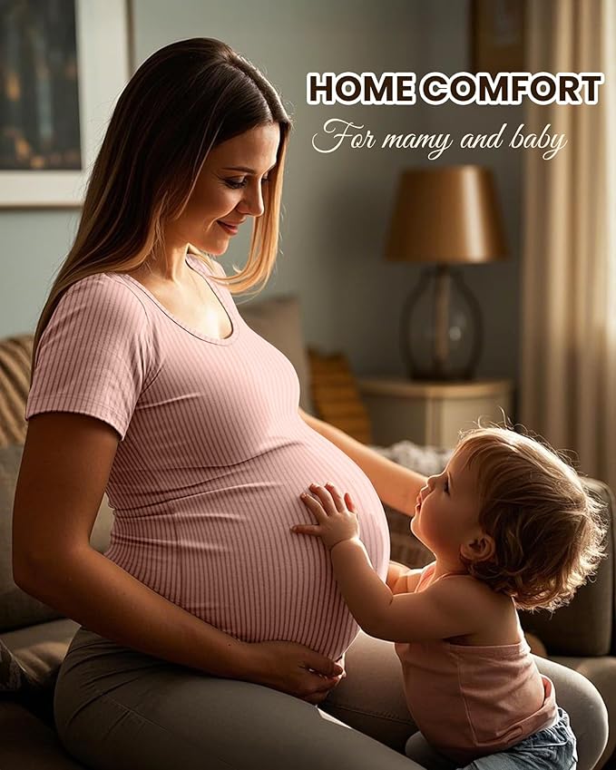 Neer 3 Pack Women's Ribbed Maternity Tops Pregnancy Round Neck Shirts Short Sleeve Soft Maternity Clothes for Mama