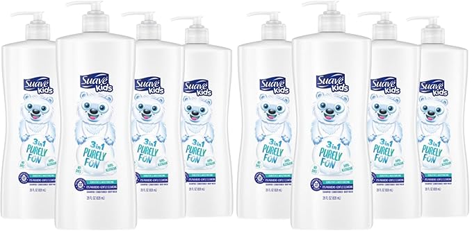 Suave Kids 3-in-1 Shampoo Conditioner Body Wash Purely Fun Makes Bath Time Quick and Easy, Paraben Free and Dermatologist Tested Kids Shampoo 3 in 1 Formula 28 Fl Oz (Pack of 8)