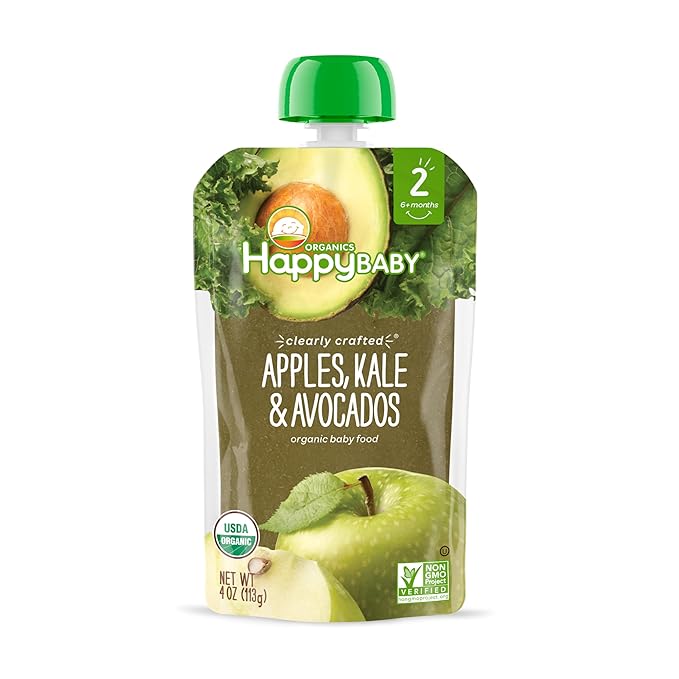 Happy Baby Organics Stage 2 Baby Food Pouches, Gluten Free, Vegan & Healthy Snack, Clearly Crafted Fruit & Veggie Puree, Apples, Kale & Avocados, 4 Ounces (Pack of 16)