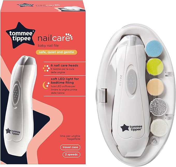 Tommee Tippee Baby Nail File, Electric, for Baby, with Six Filing Heads, Battery-Powered Infant Nail Clipper with LED Light and Adjustable Speed and Direction Settings