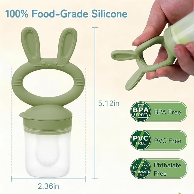 Baby Solids/Frozen Fruit Feeder Pacifier, Infant Teether Toy 4M+, BPA-Free Silicone Pouch & Nipple, Safely Introduce Solids, Teething Relief, 2-Pack - Blue/Green (Rabbit)