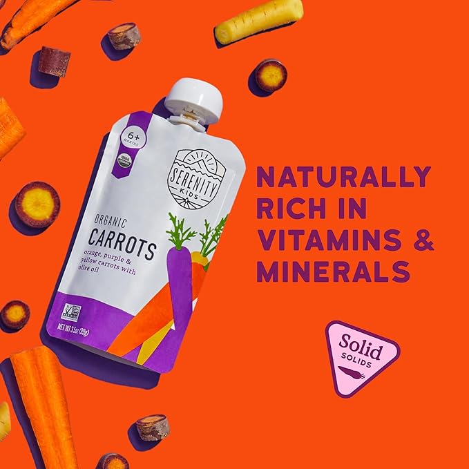 Serenity Kids 6+ Months Carrot Puree Baby Food Pouches - USDA Organic Toddler Food - No Added Sugar Baby Snacks - BPA-Free Snack Pouch - 3.5 Oz, 6 Pack