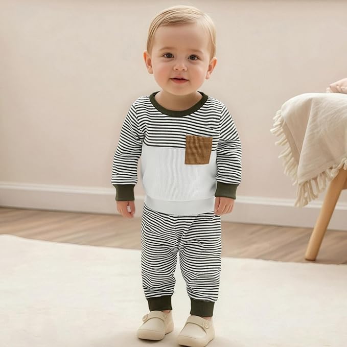 Toddler Baby Boy Fall Outfit Long Sleeve Crew Neck Contrast Color Sweatshirt Top Pant Cute Newborn Infant Waffle Clothes