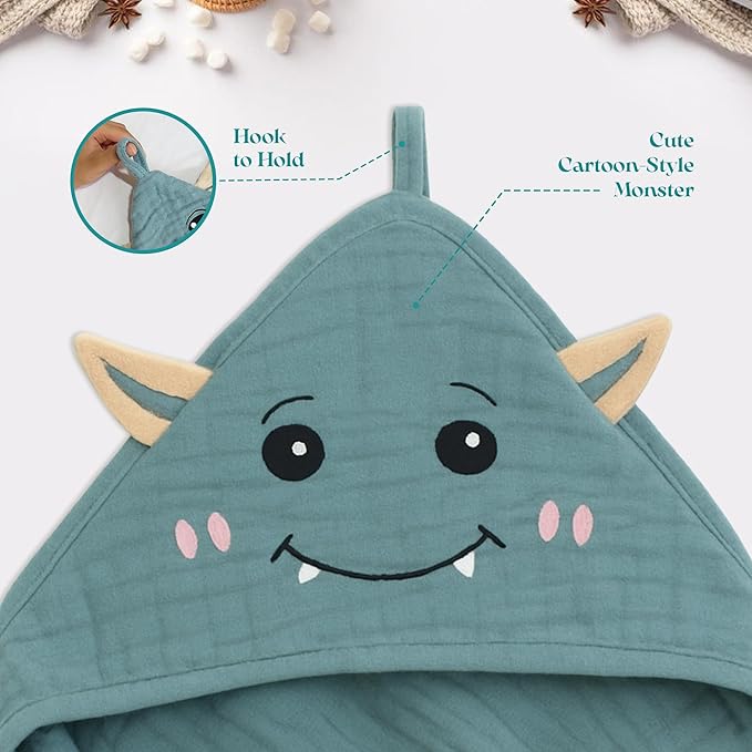 Chungie Soft Muslin Hooded Baby Towels 32x32 inches – 100% Cotton, 6-Layer Breathable Newborn Bath Towels with Hood, Pack of 2 (Printed + Embroidered)