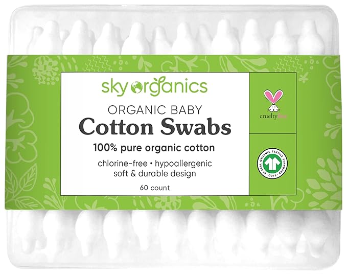 Sky Organics - Organic Baby Cotton Swabs, 60 ct. - Ultra Soft Baby Safe Tips - Strong & Durable - Hypoallergenic - Chlorine Free - Natural, Vegan & Cruelty Free - Skin Care & Baby Care