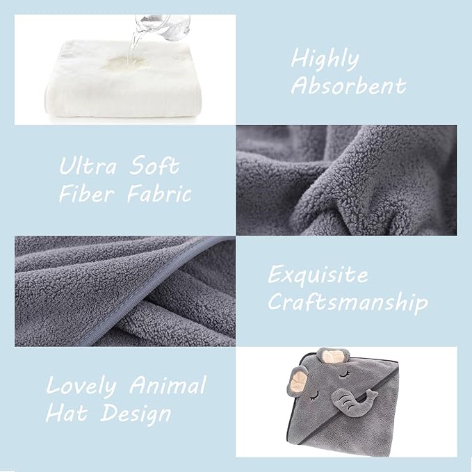 2 Pack Hooded Baby Towels for Newborn, Baby Bath Towel with Hood for Babies, Infant, Toddler and Kids, Soft and Absorbent Newborn Essential(Elephant & Tiger)