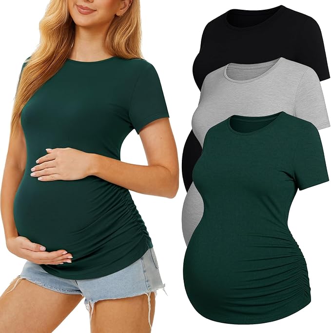 3 Pack Womens Maternity Shirts - Crew Neck Maternity Top Short Sleeve Pregnancy Tee Shirts