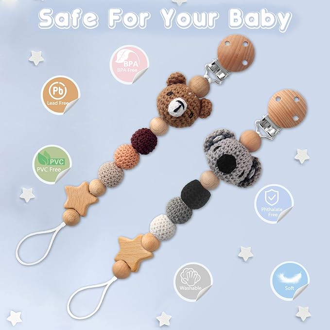Pacifier Clip, 2 Pack Pacifier Clips for Boys and Girls, Cute Koala & Bear Handmade Knitted Pacifier Holder Fits for Most Pacifier, Baby Teethers, Baby Shower and Baby Gift