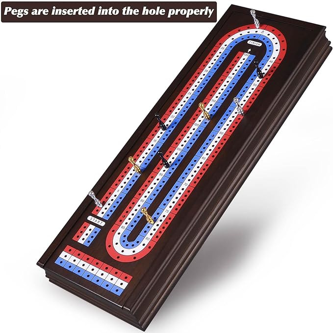 VAMSLOVE 16'' Cribbage Board Game Set Wooden 3-Track Scoreboard with Large Slots for Storing 2 Playing Cards and 9 Metal Pegs, Travel Family Game Night (Instruction Included)