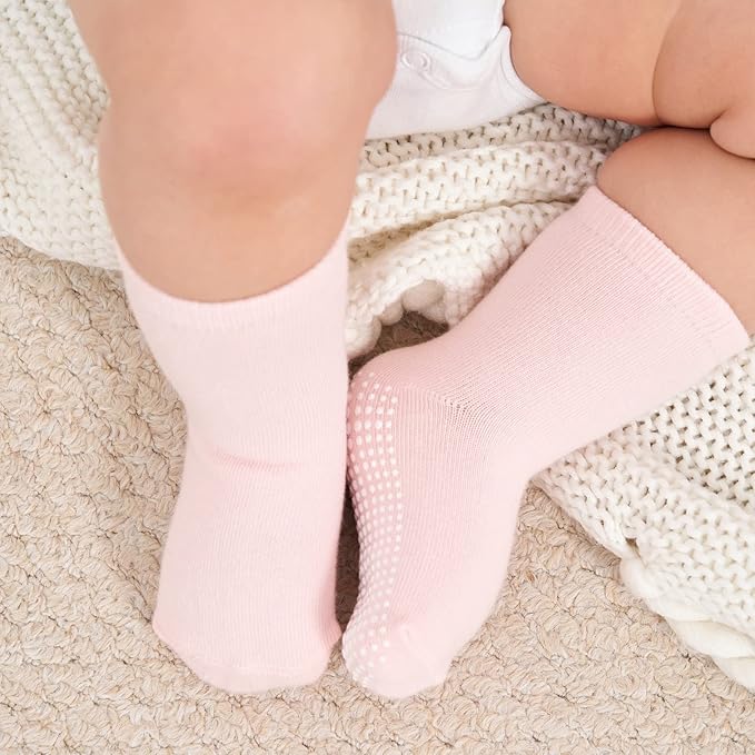 ZAPLES Baby Non Slip Grip Crew Socks with Anti Skid Soles for Infants Toddlers Kids Boys Girls