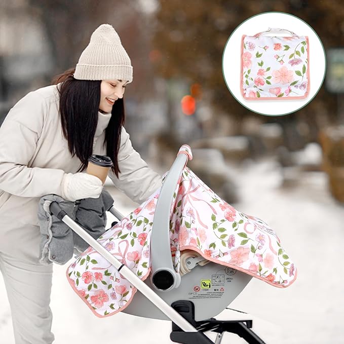 Baby Carseat Seat Cover Girls, Winter Carseat Canopy, Cozy & Warm Cover with Zipper Peep Windows, Infant Minky Carrier Cover, Soft Breathable, Baby Must Have, Pink Bow