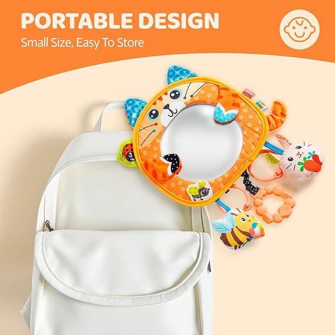 Jollybaby Car Seat Crib Stroller Play Gym Hanging Toy for Baby 0-3-6-12 Months, Tummy Time Mirror Toys Gifts for Newborn Infants, Carseat Travel Toy for Road Trip - Cat