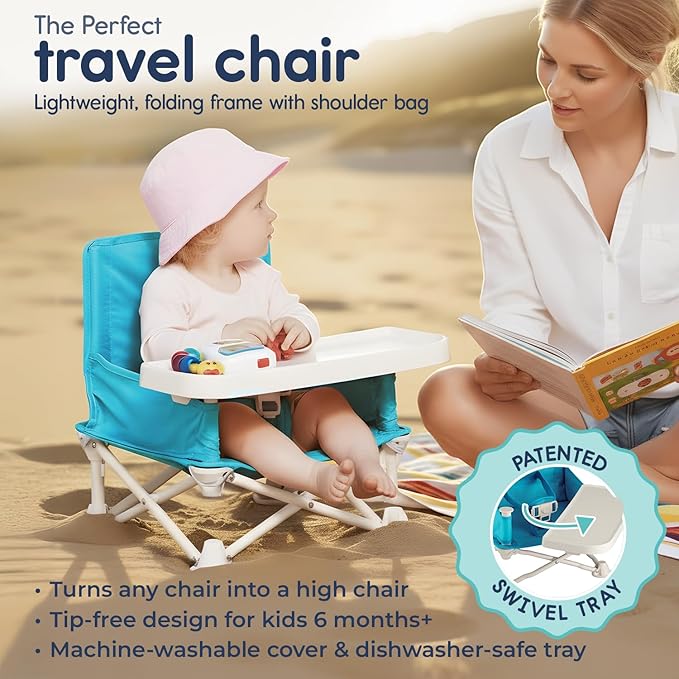Hiccapop OmniBoost Travel Booster Seat with Tray for Baby | Folding Portable Seat for Dining Table, Camping, Beach, Grandma’s | Tip-Free Design Straps to Kitchen Chairs