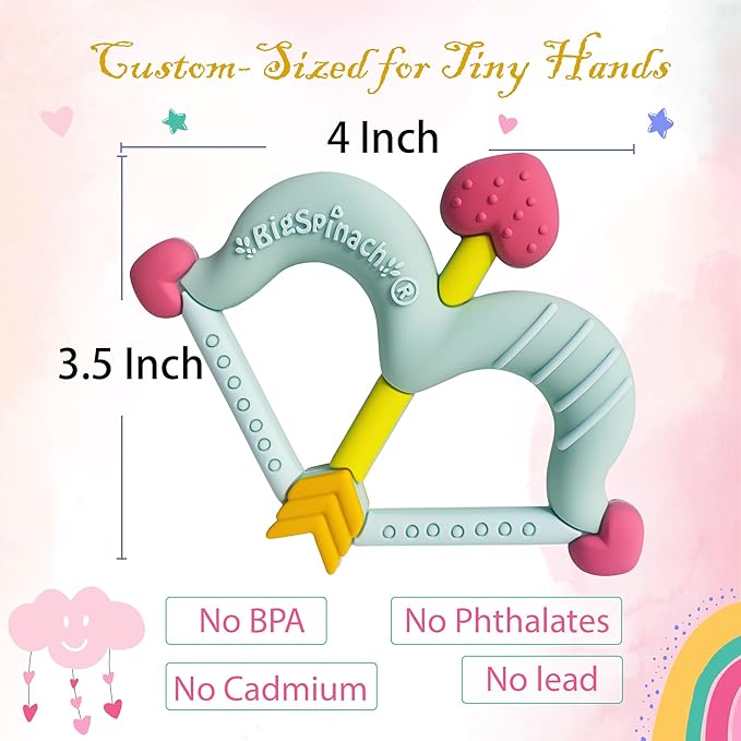 Teethers Heart Shape Silicone Baby Teether Toy Easy for Little Hands to Hold,Cupid Bow and Arrow Soft Teething Toy for Infants,Valentine's Gift for Girl or Boy (Green)
