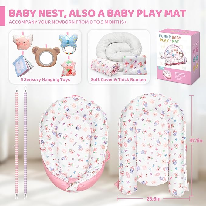 Pink Baby Play Mat, 7-in-1 Infant Gym Mat for Sensory and Motor Development, Washable & Portable Newborn Tummy Time Activity Mat for Home & Travel, Babies Gift for 0-3-6-9-12-18 Months