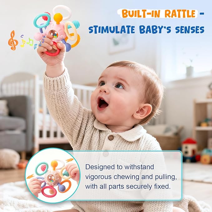 Baby Teething Toys for 0-6 6-12 Months, BPA Free Food Grade Silicone Teether, Infant Sensory Chew Rattles Toys, Gifts for Infant Newborn Boys Girls 0 3 6 9 12 18 Months, Light Pink