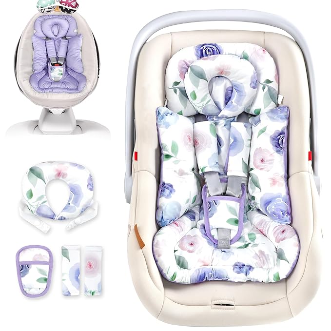 TANOFAR Infant Car Seat Insert with Removable Cushion for Baby Girls, Reversible Newborn Carseat Insert for Baby Head Body Support, Fits for Stroller, Baby Swing, Bouncer (Purple Flower)