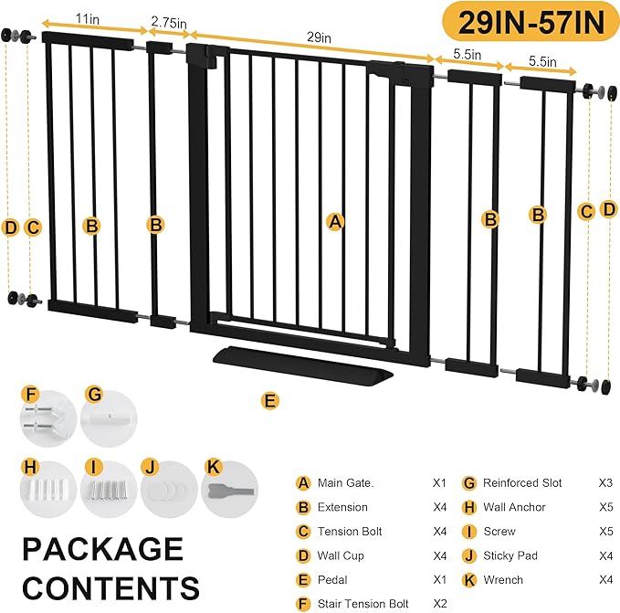 29-57 inches Extra Wide Metal Baby Gate for Stairs/Doorways, 30 inches Tall Pressure Mounted Pet Gates, Auto-Close Child Safety Gate, No Drilling Easy Walk-Through Dog Gate Indoor, Black