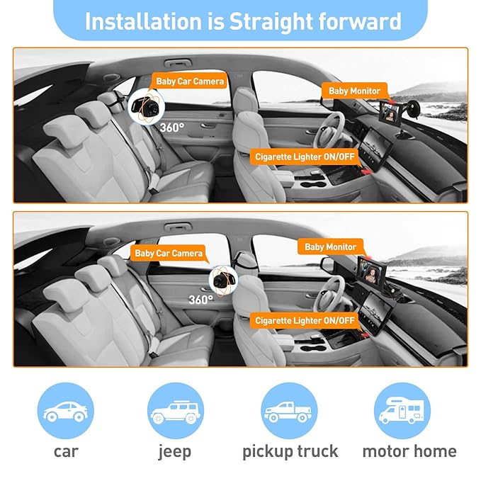 USB Baby Car Camera Plug-Play，4.3" HD Night Vision Function Car Mirror Display，360 Rotation Rear Facing Baby Monitor with Camera Night Vision，Wide Clear View，Easily Observe The Baby's Move，Dark Black