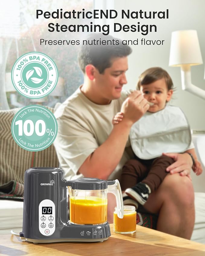 Grownsy Baby Food Maker with Steam Basket, One Step Baby Food Processor Steamer Puree Blender Grinder Mills Machine, Auto Cooking Grinding and Sterili-zing for Healthy Homemade Baby Food, Dark Grey