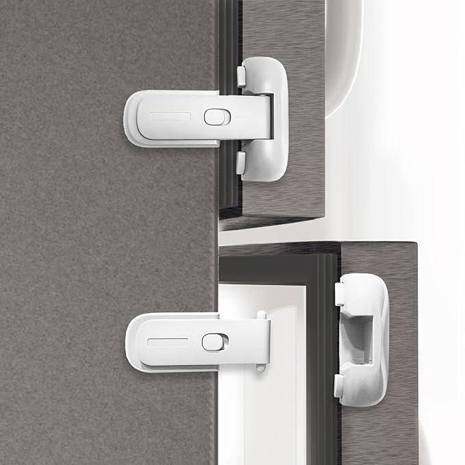 Fridge Lock, Refrigerator Lock for Kids, Freezer Latches to Keep Door Closed, One-Handed Operation, Strong Adhesive Tapes Included, 2 Pack, White