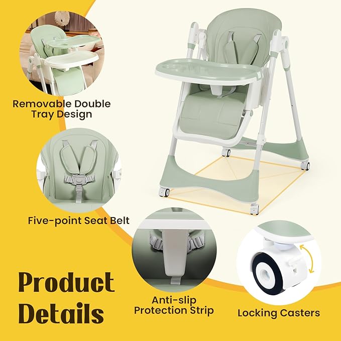 6-in-1 High Chair with Rocker | Convertible Baby High Chair for Newborn to Toddler | Easy-Clean, Foldable & Adjustable with Removable Tray, Sparrow Lake Green