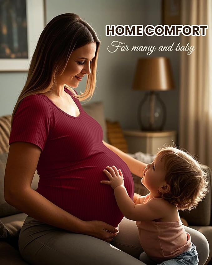 Neer 3 Pack Women's Ribbed Maternity Tops Pregnancy Round Neck Shirts Short Sleeve Soft Maternity Clothes for Mama