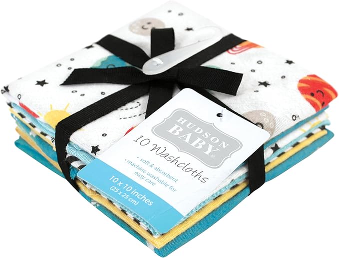 Hudson Baby Unisex Baby Flannel Cotton Washcloths, Happy Planets 10 Pack, One Size