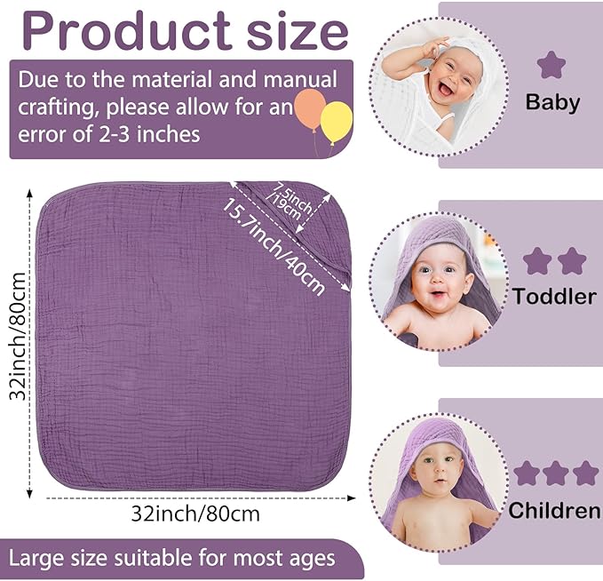 Peryiter 4 Pcs Muslin Hooded Baby Towels 32x32inch Cotton Newborn Bath Essentials Muslin Infant Blankets Absorbent Registry Baby Shower Present for Babies Girl Boy Kids (Purple Series)